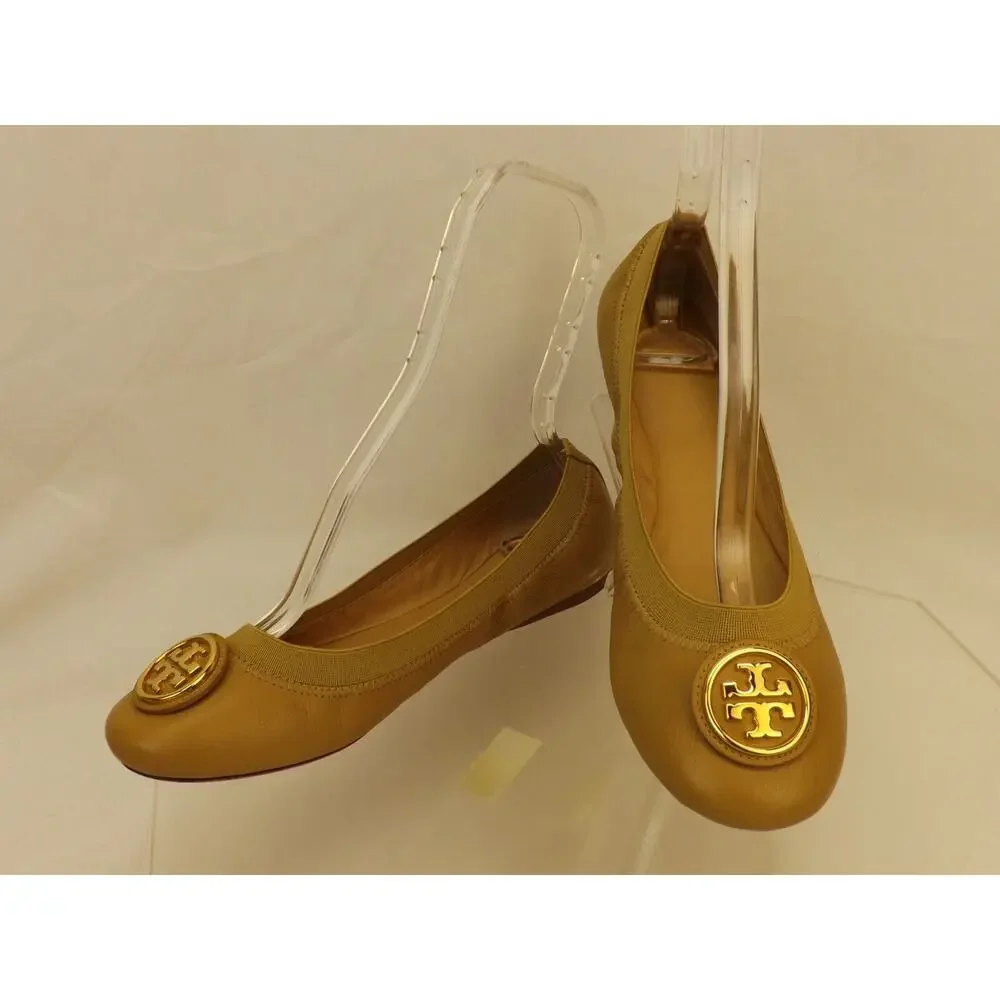NIB TORY BURCH CAROLINE 2 DARK SAND LEATHER GOLD REVA NELLIE BALLET FLATS 7.5